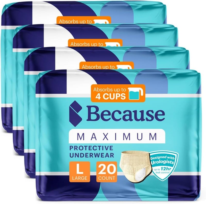 because Premium Maximum Plus Adult Incontinence and Postpartum Bladder Leak Underwear for Women, Maximum Absorbency, Disposable, Beige, Large, 80 Count (4 Packs of 20) - Image 2